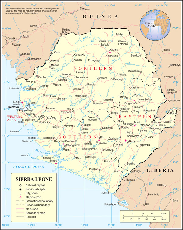 Large detailed political and administrative map of Sierra Leone with all roads, cities and airports.