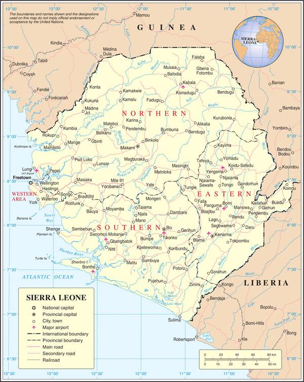 Large detailed political and administrative map of Sierra Leone with all roads, cities and airports. Large detailed political and administrative map of Sierra Leone with all roads, cities and airports.