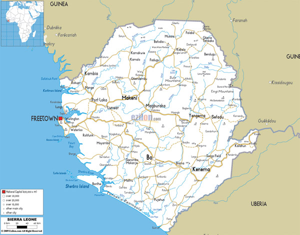 Large detailed road map of Sierra Leone with all cities and airports.