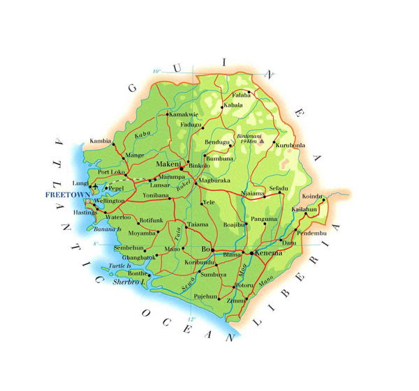 Physical and road map of Sierra Leone. Sierra Leone physical and road map.