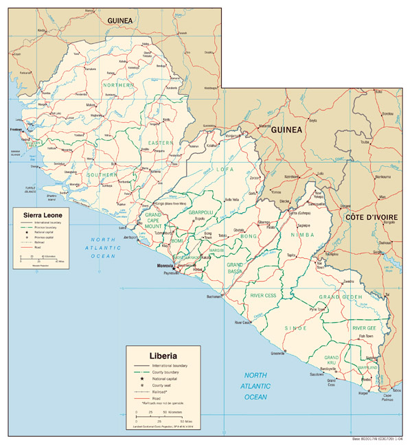 Political map of Sierra Leone and Liberia. Sierra Leone and Liberia political map.