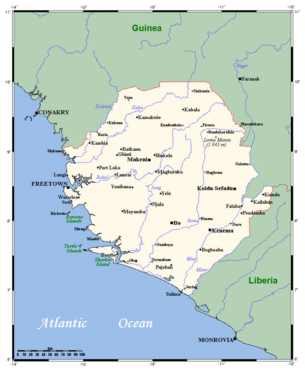 Political map of Sierra Leone with cities. Sierra Leone map Leone with cities.