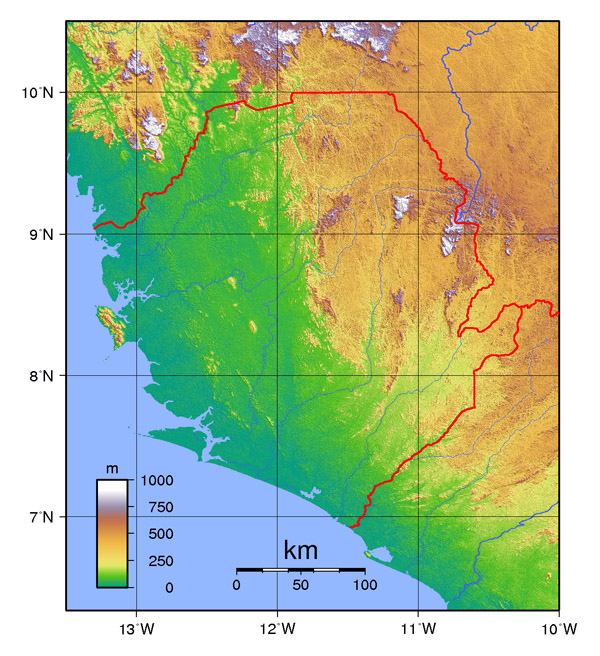 Topographical map of Sierra Leone. Sierra Leone topographical map.