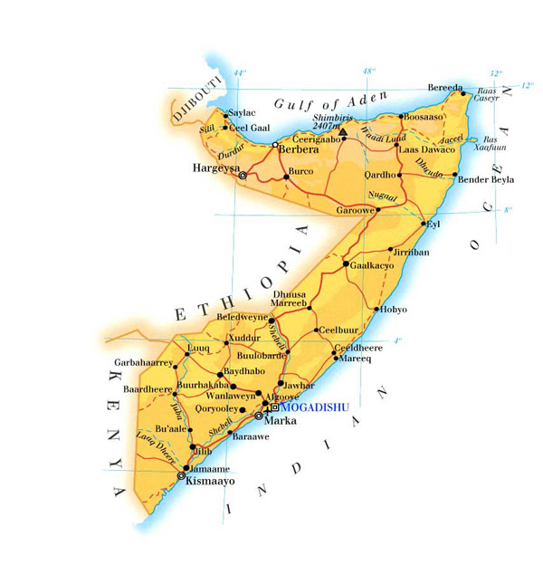 Detailed physical and road map of Somalia. Somalia detailed physical and road map.