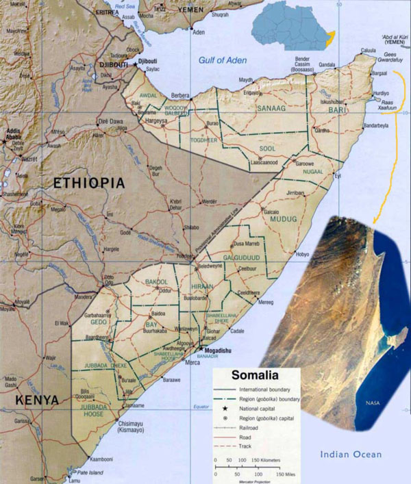 Detailed political map of Somalia with satellite image and relief.