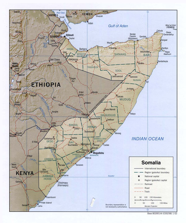 Detailed relief and administrative map of Somalia.