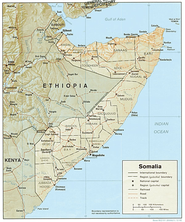 Detailed relief and political map of Somalia.