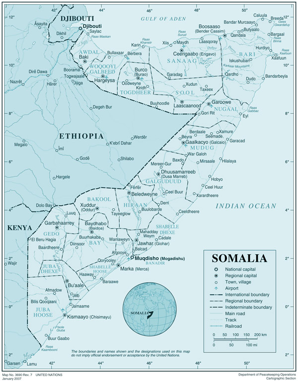 Large detailed political and administrative map of Somalia with all roads, cities and airports.