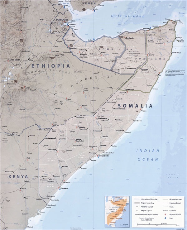 Large detailed political map of Somalia with all roads, cities and airports.