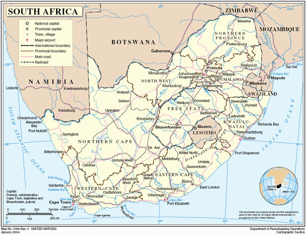 Detailed political and administrative map of South Africa with highways, railroads and airports.