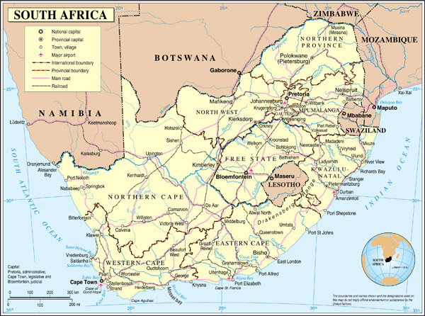 Detailed political map of South Africa with cities, airports, roads and railroads.