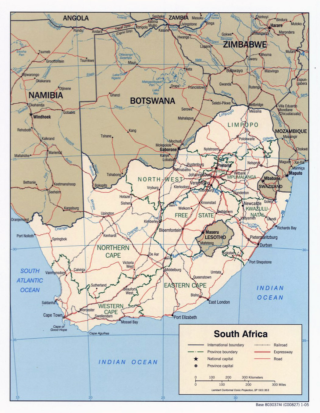 Detailed political map of South Africa with roads and major cities