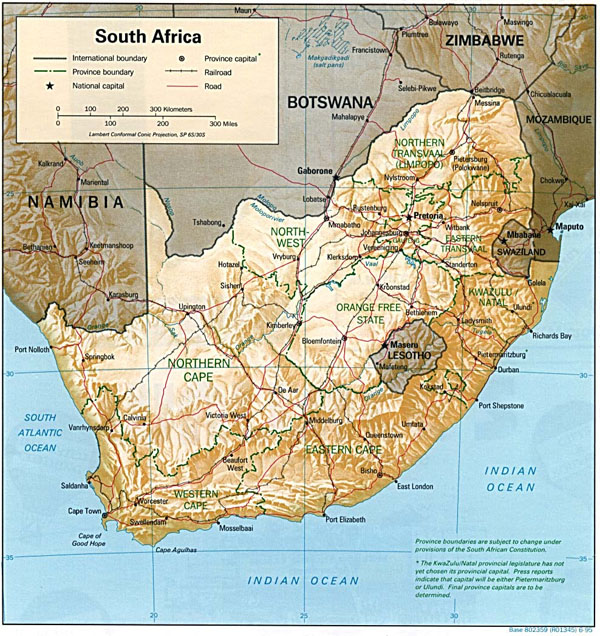 Detailed relief and political map of South Africa. South Africa detailed relief and political map.