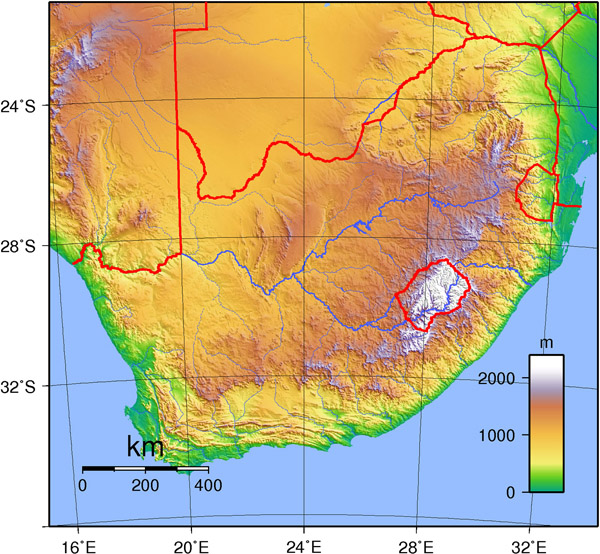 Detailed topographical map of South Africa. South Africa detailed topographical map.