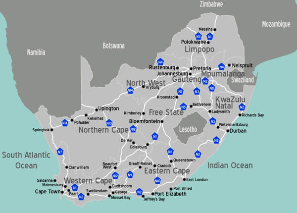 Highways map of South Africa. South Africa highways map.
