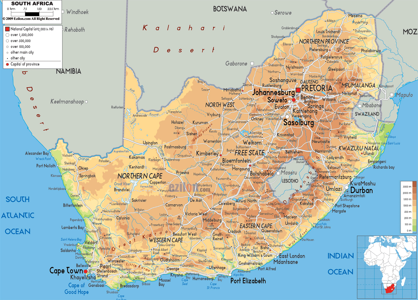 Large detailed physical map of South Africa with all cities, roads and