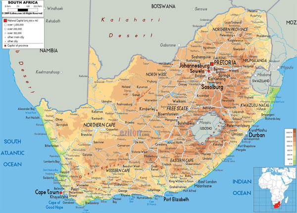 Large detailed physical map of South Africa with all cities, roads and airports.