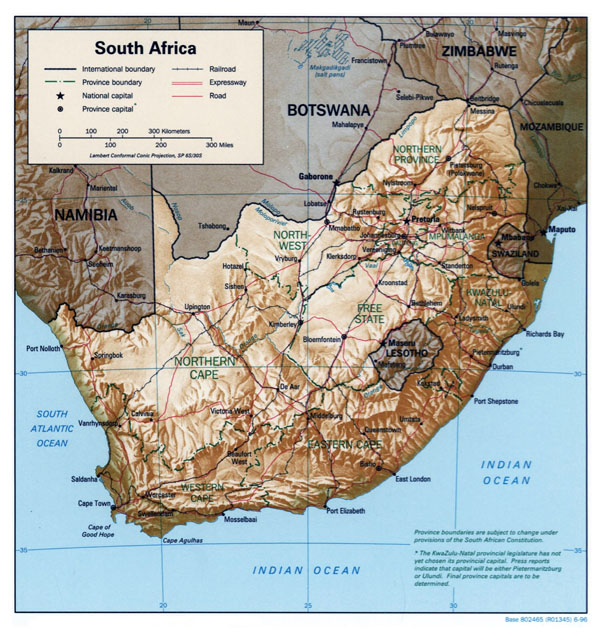 Large detailed political map of South Africa with relief, roads and major cities - 1996.