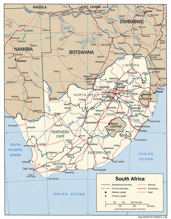 Political and administrative map of South Africa with cities, roads and railroads.