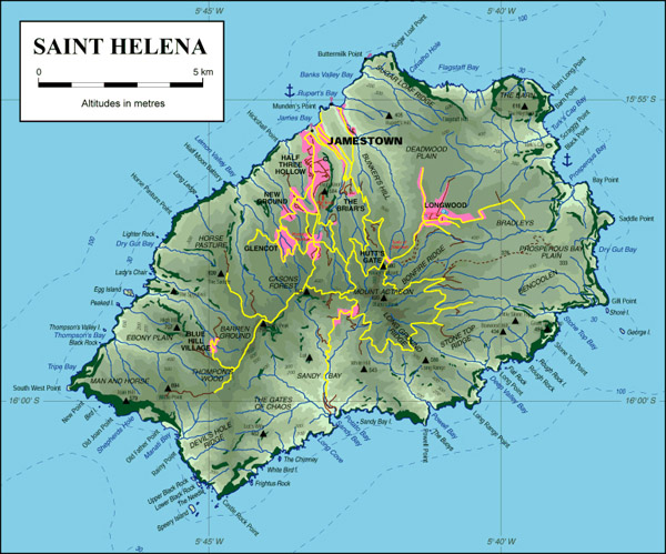 Detailed topographical map of St. Helena. St. Helena detailed topographical map.