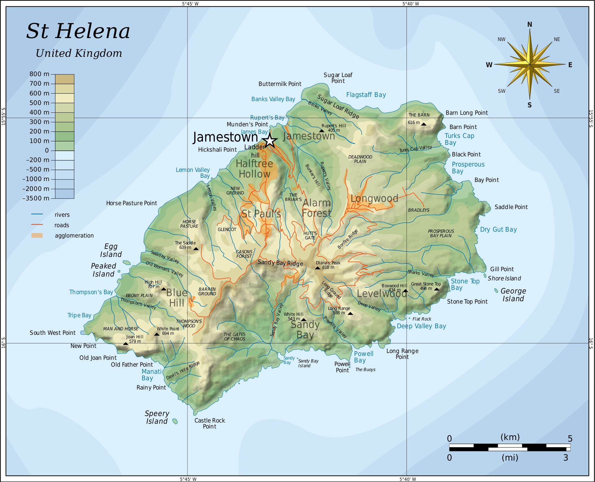 Large detailed topographical map of St. Helena. St. Helena large