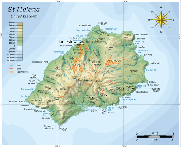 Large detailed topographical map of St. Helena. St. Helena large detailed topographical map.