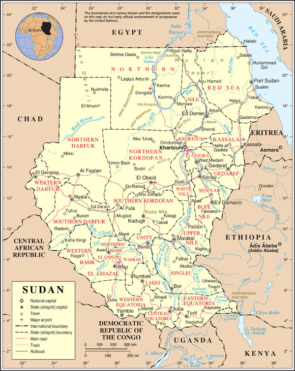 Detailed administrative map of Sudan with all cities, roads and airports.