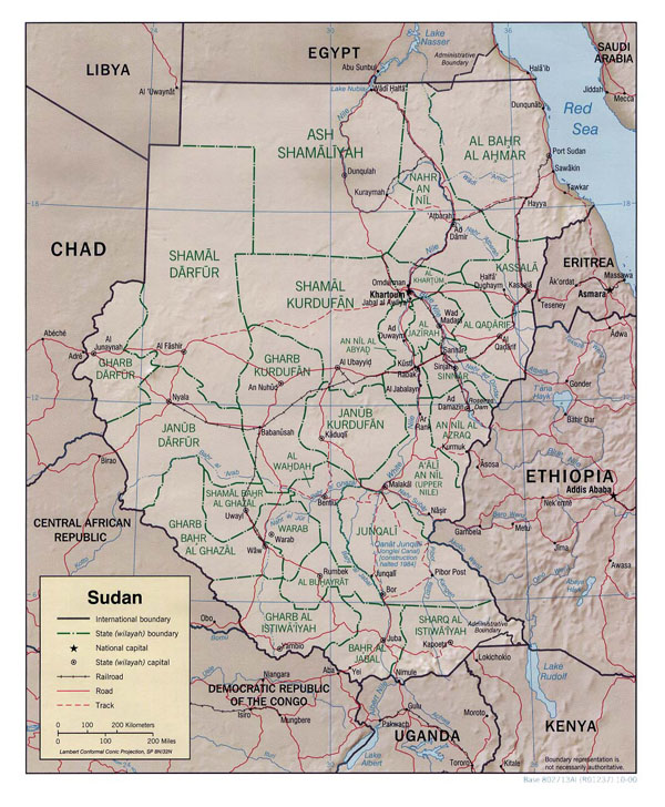 Detailed relief and political map of Sudan. Sudan detailed relief and political map.