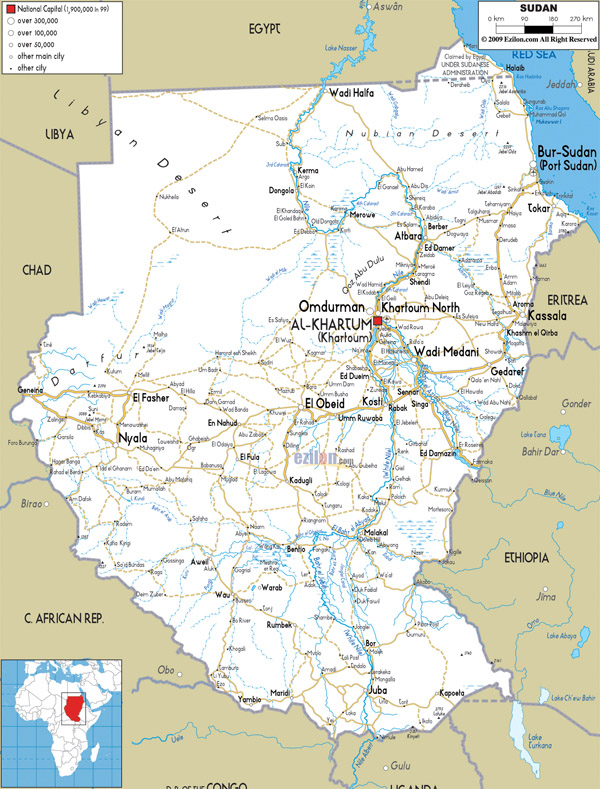 Large detailed road map of Sudan with all cities and airports.