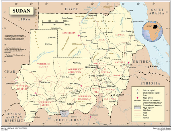 Sudan detailed political map with cities, roads and rivers.