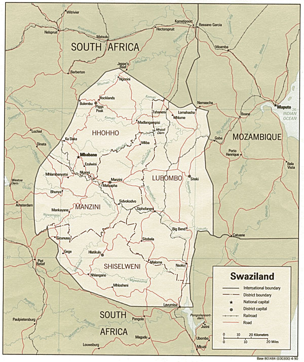 Detailed political and administrative map of Swaziland.