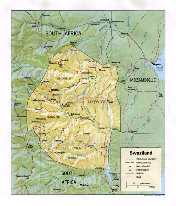 Detailed relief and political map of Swaziland.