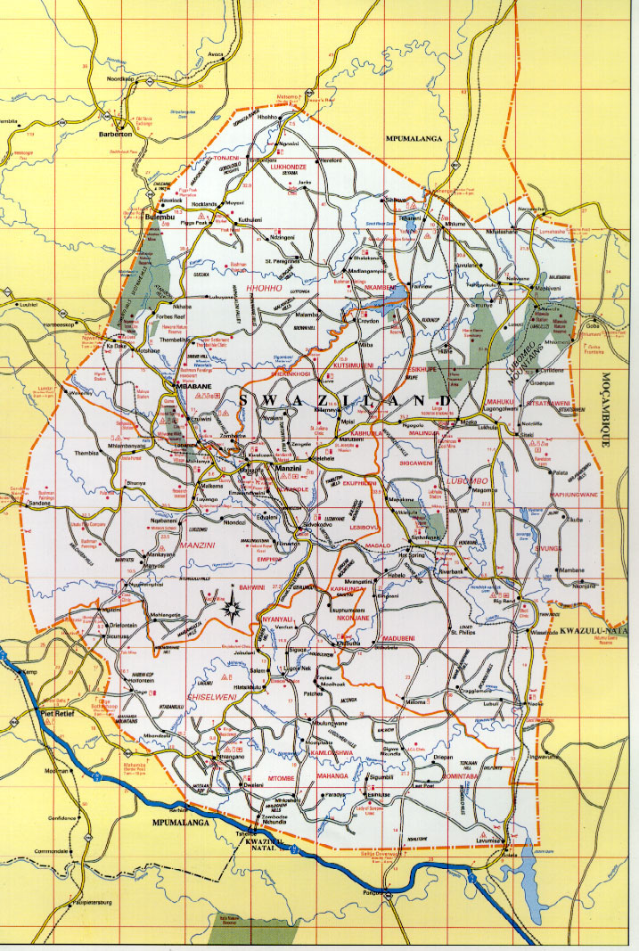 Detailed road map of Swaziland. Swaziland detailed road map.