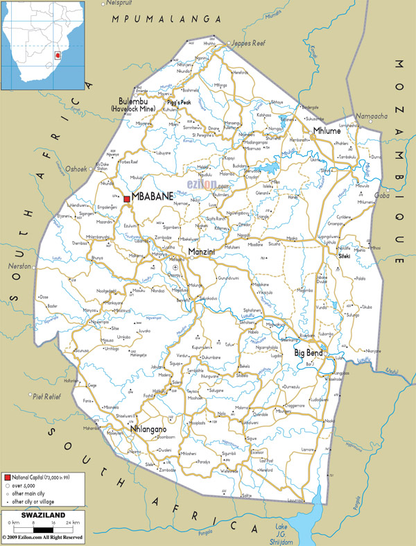 Large detailed road map of Swaziland with all cities and airports.