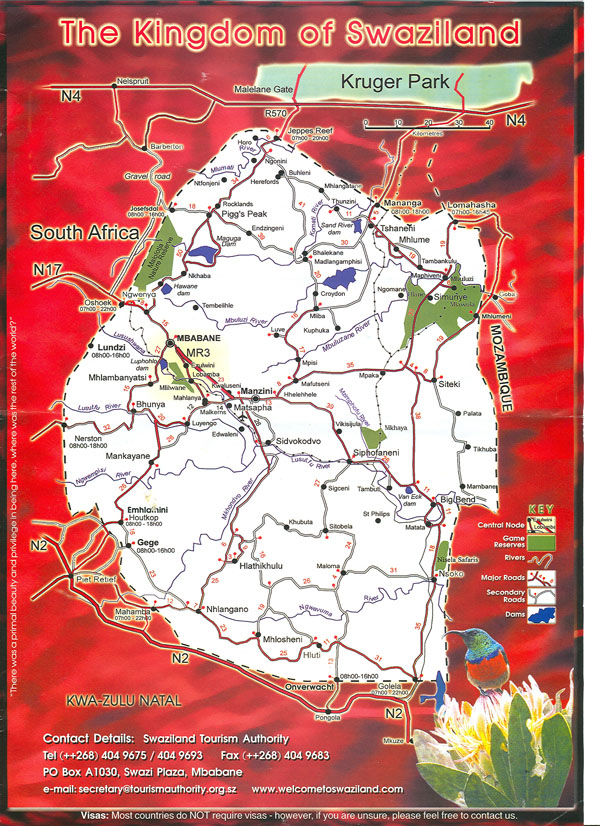 Large detailed tourist map of Swaziland. Swaziland large detailed tourist map.