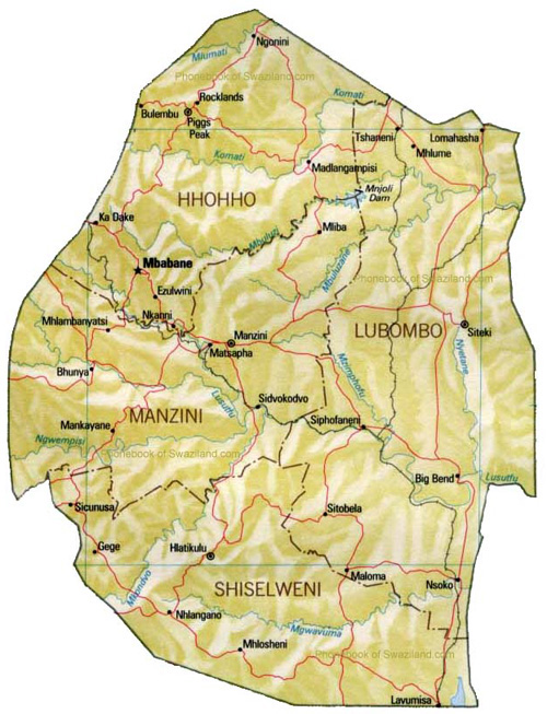 Relief and administrative map of Swaziland. Swaziland relief and administrative map.