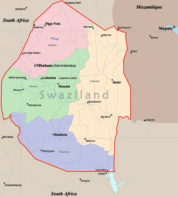 Swaziland detailed administrative map. Detailed administrative map Swaziland.