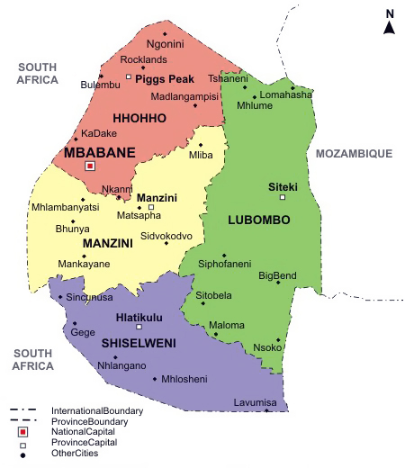 Swaziland detailed political map with regions and cities.