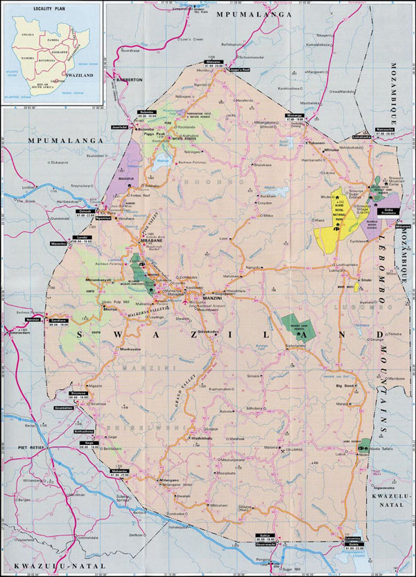 Swaziland tourist map. Tourist map of Swaziland.