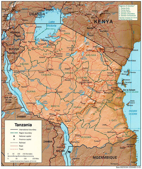 Detailed relief and political map of Tanzania. Tanzania detailed relief and political map.