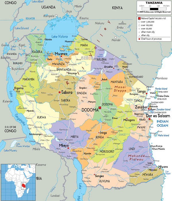 Large detailed administrative map of Tanzania with all cities, roads and airports.