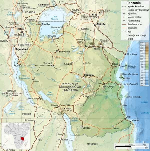 Large detailed physical map of Tanzania with all cities, roads and airports.