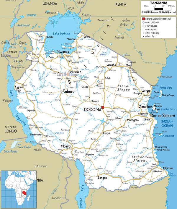 Large detailed road map of Tanzania with all cities and airports.