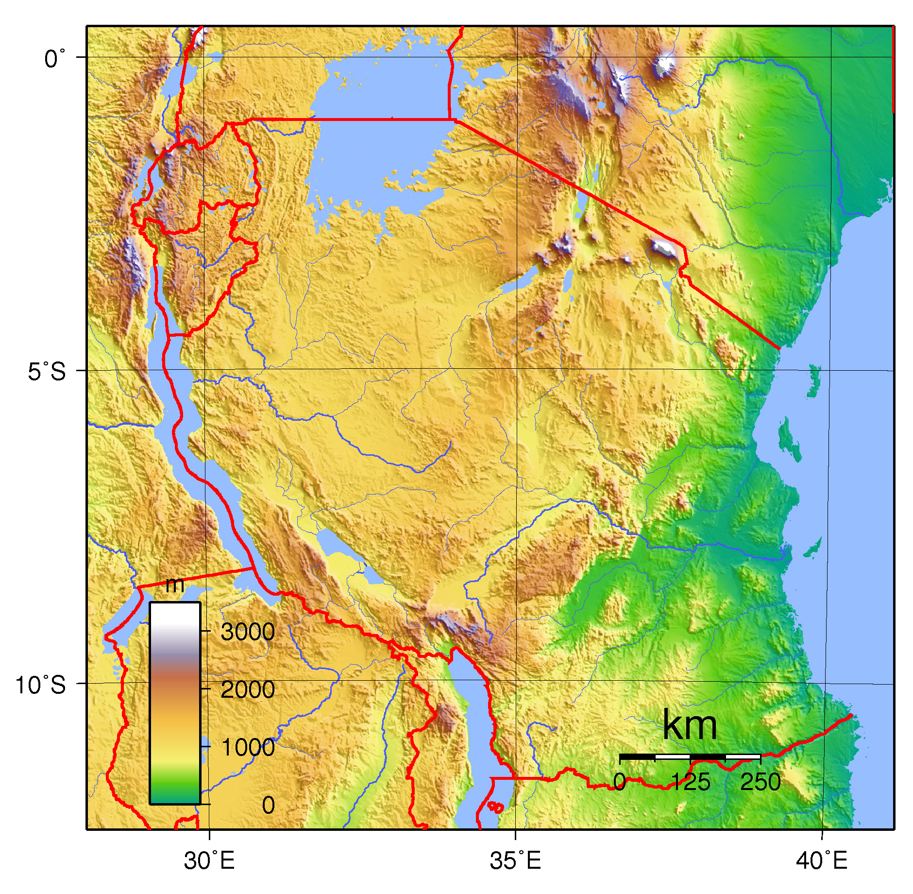 Physical map of Tanzania.