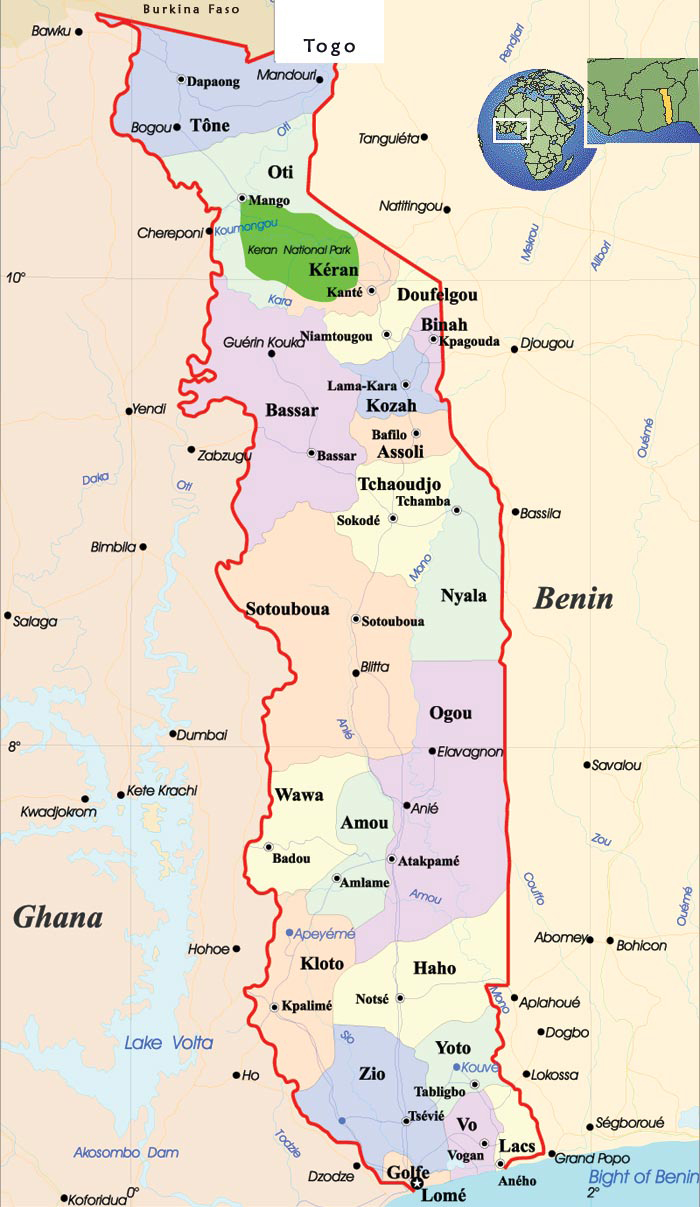 Detailed administrative map of Togo with cities. Togo detailed administrative map with cities.