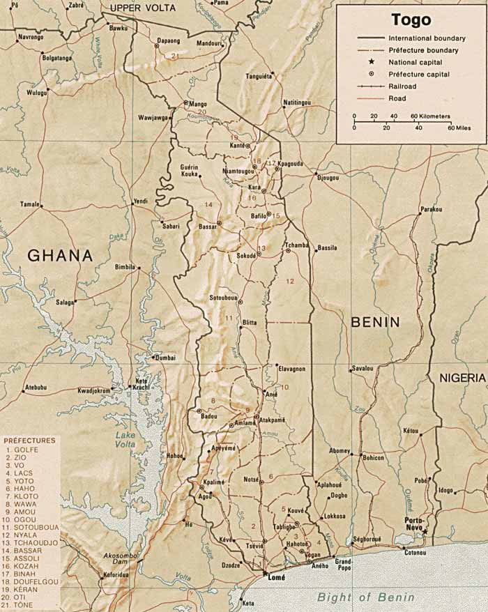 Detailed relief and administrative map of Togo.