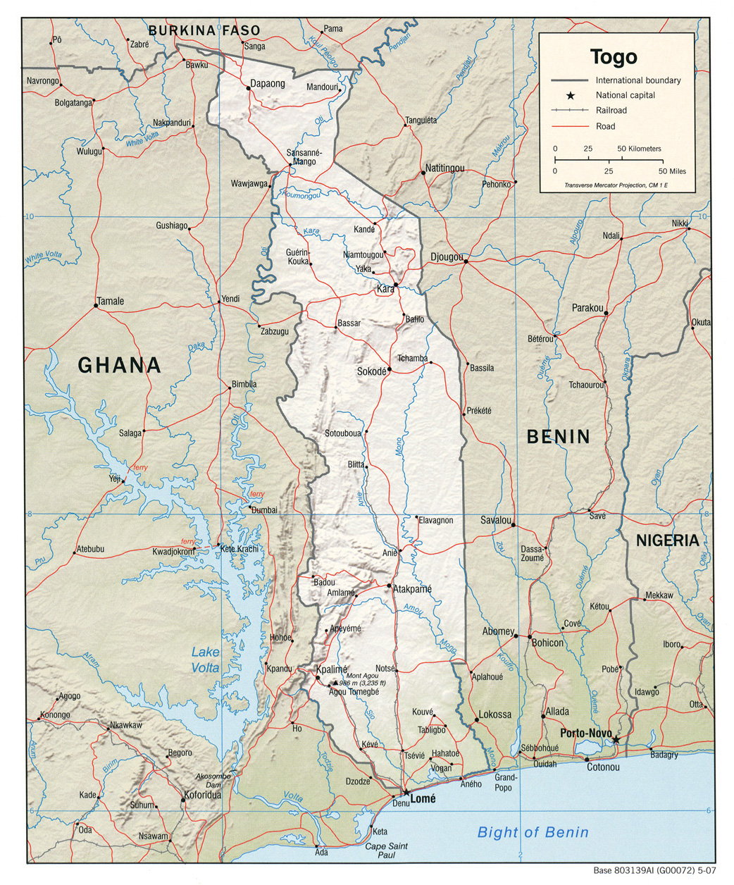 Detailed relief and political map of Togo with roads and cities