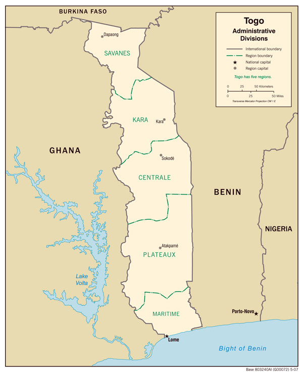Togo administrative map with regions capitals.