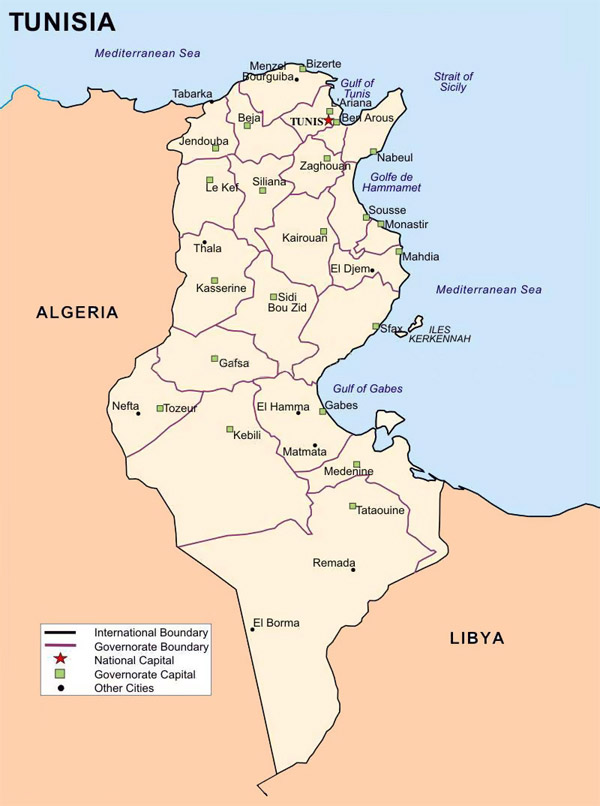 Detailed administrative map of Tunisia with cities.