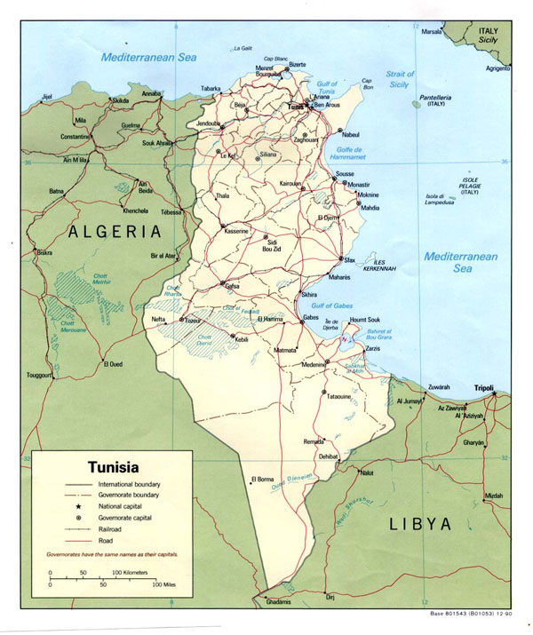 Detailed political and administrative map of Tunisia.